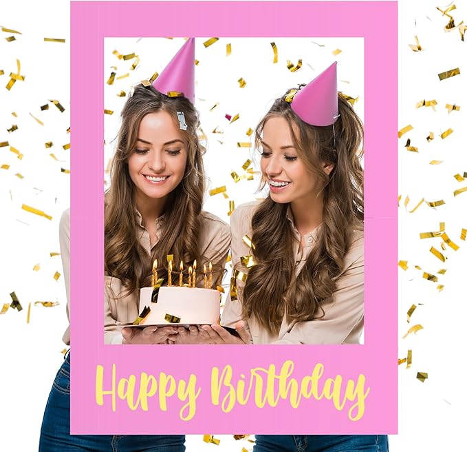 32 x 24 Inch Large Photo Booth Props Picture Frame Happy Birthday Party Frame DIY Cutouts Photo Booth Props Selfie for Party Supplies Favors(Pink Gold,Happy Birthday)
