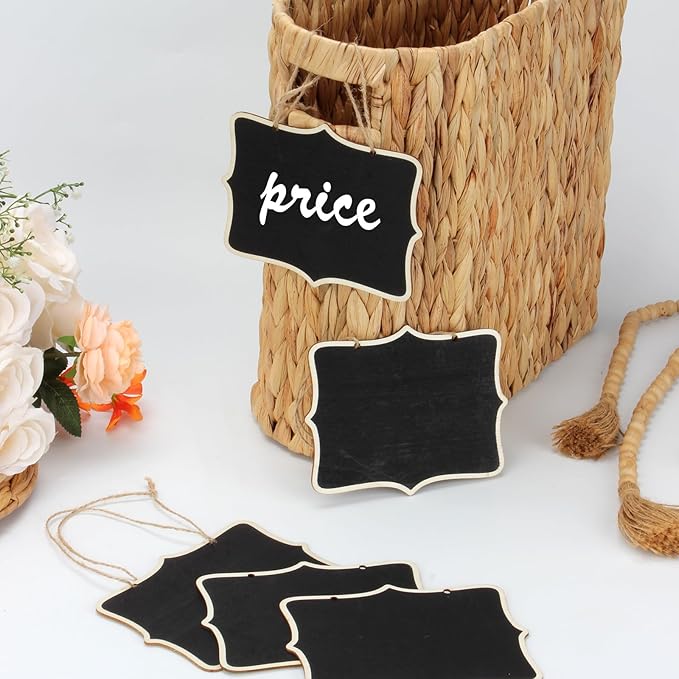 12 Pcs Mini Wooden Chalkboard Signs for Message Board Signs, Mini Chalkboards Hanging Price Tags with String, 6.5x5 Inch Rectangle Chalkboards Message Board Hanging Signs for Party Buffet Food