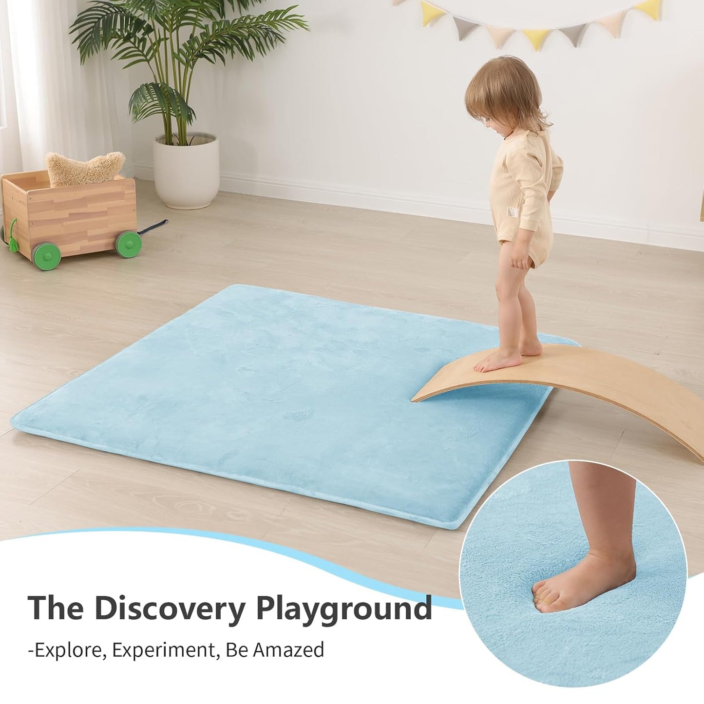 Baby Play Mat for Floor,1.3" Thick Elasti-Foam 50"×50" Playpen Mat for Tummy Time,Water Repellent Soft Coral Velvet for Toddler,Infant,Kids,Non-Slip Backing Safe for Crawling(Light Blue)