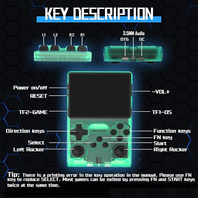 FVBADE[30000 in 1] R40S PRO Handheld Game Console 3.5 inch IPS Screen Mini Retro Console 3800mAh Portable Pocket Arcade 45+ Mainstream Emulator 256G TF Card Transparent.(Green)