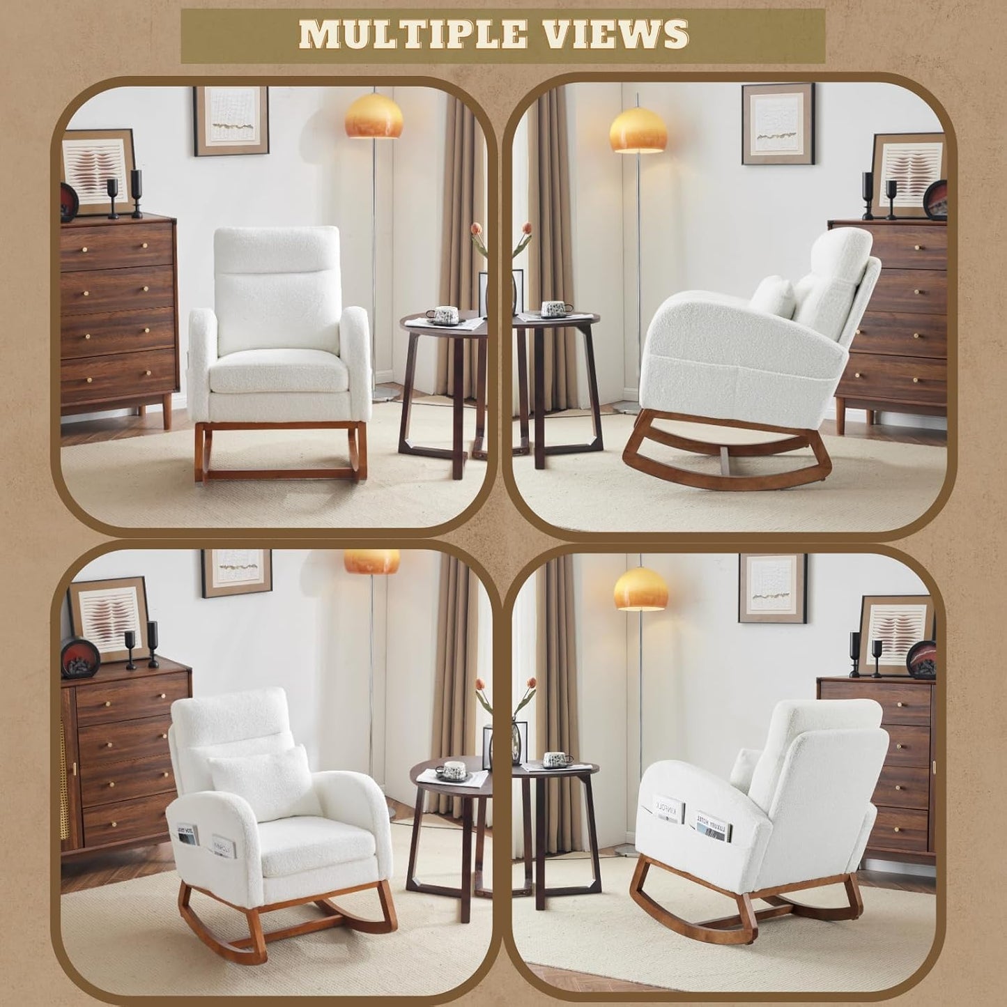 VINGLI White Teddy Fleece Rocking Chair Nursery with Thick Headrest, Upholstered Mid-century Modern Nursing Rocker Glider with Curved Armrest, Sturdy Solid Wood Base for Living Room,Bedroom, Baby Room