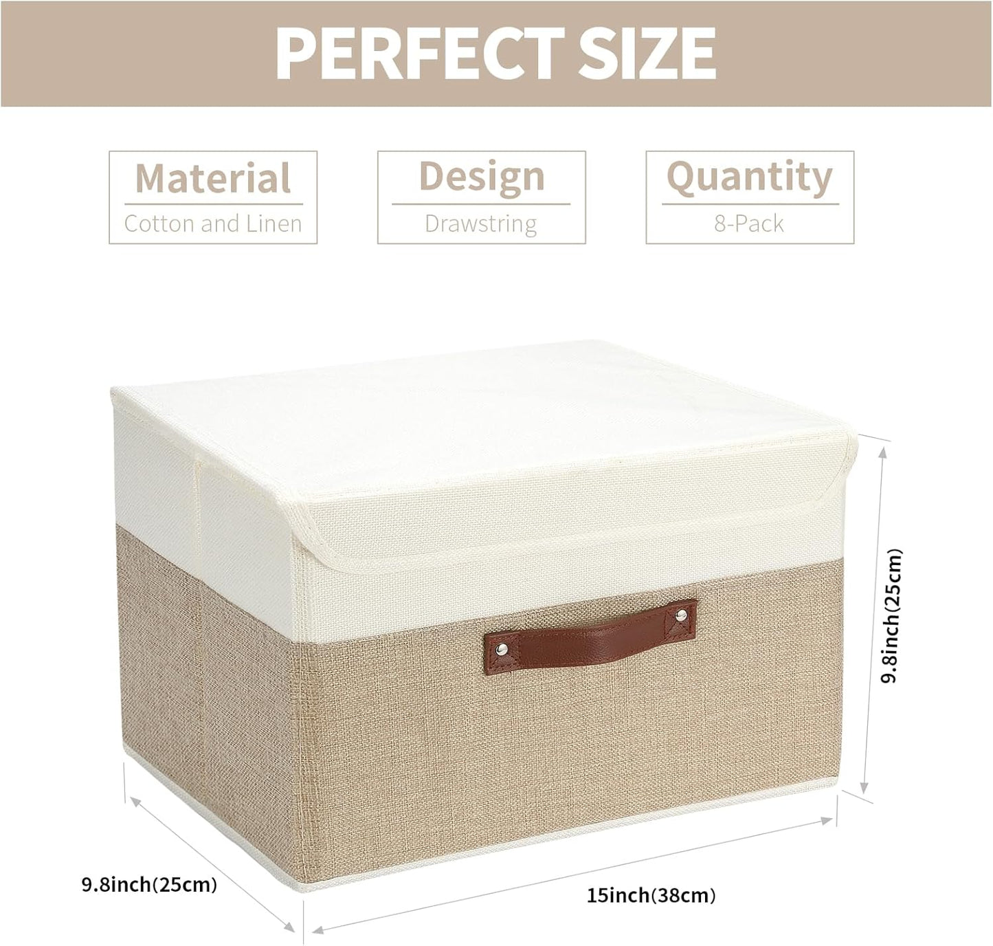 8 Pack Decorative Storage Bins Containers Fabric Bins with Lids Storage Baskets Bulk for Shelves Drawers, Desktop, Closet, Playroom, Classroom, Office, Bedroom, (15INx10INx10IN, Beige/White)