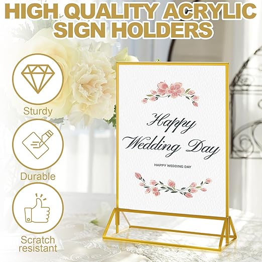 8PCS 5x7" Double-Sided Acrylic Sign Holders, Clear Gold Picture Frames, Table Number Holders with Golden Border for Wedding Reception, Centerpiece, Decoration, Party