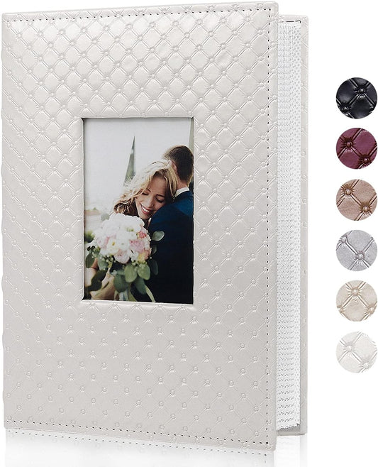 RECUTMS Small Photo Album 4x6 Paper Core Insert Inside Page Picture Album PU Leather Cover 300 Photo Sleeves Boy Girl Family Photo Book Memo Slot Wedding Albums (White)