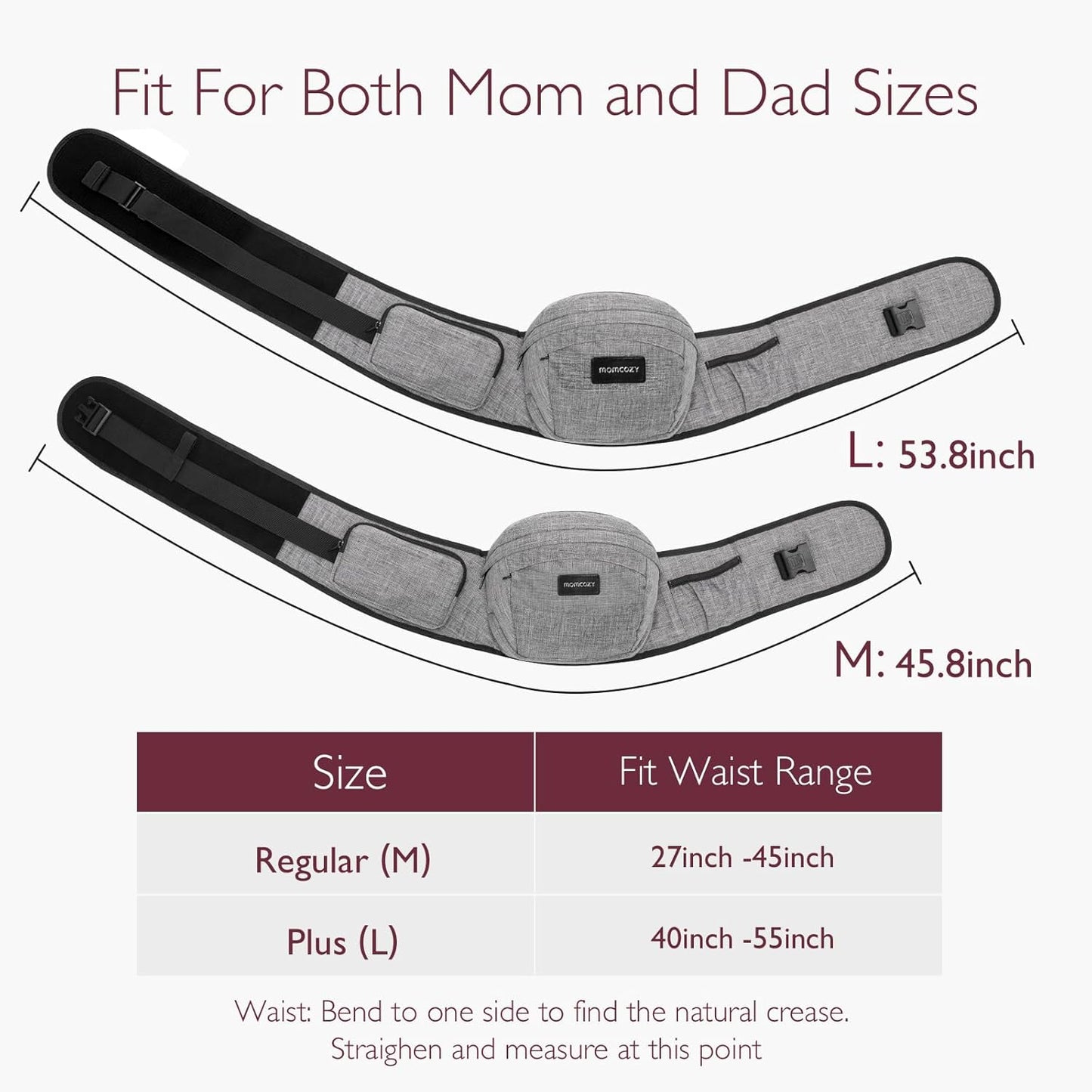 Momcozy Hip Seat Baby Carrier - Adjustable Waistband with Original 3D Belly Protector, Ergonomic Carrier with Various Pockets for Toddlers up to 45lbs (Grey, Medium 27-45IN)