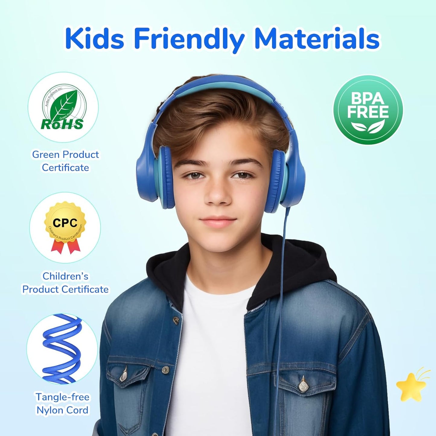 EarFun K3 Kids Headphones, Over Ear Headphones for Kids, Volume Limit, HD Stereo Sound, USB-C Cable, Comfortable Fit, Foldable Wired Headphones for School/Travel/Boys/Girls/Tablet/iPad, Blue