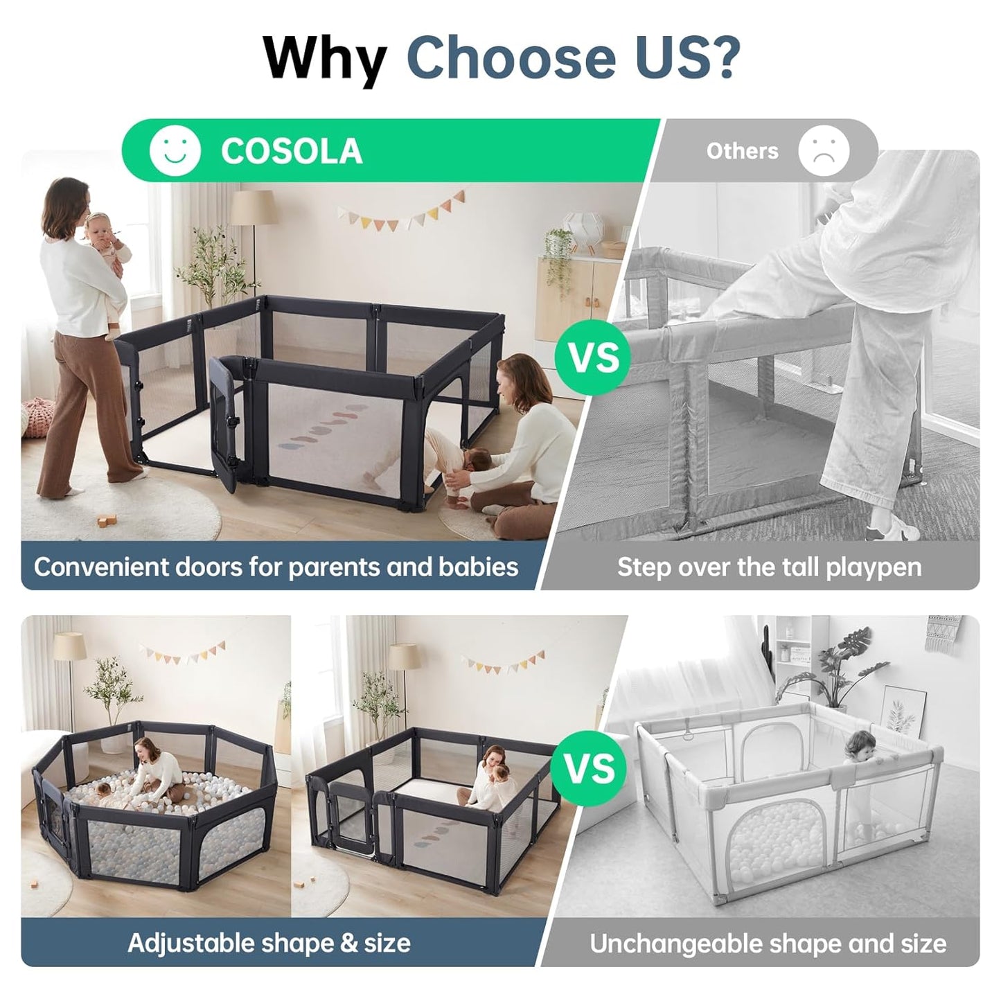 Baby Playpen,Large Play Pen for Babies and Toddlers with Door 79x71 Inch, Adjustable Playpen Non-Slip Suction Cups Base Safe and Sturdy, Indoor Outdoor Playard,Black