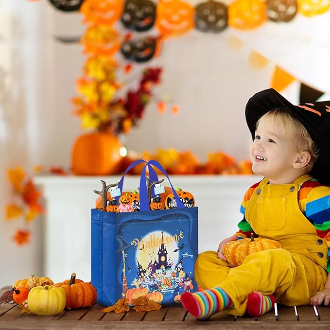 AhfuLife 16 Pcs Halloween Trick or Treat Bags, Candy Tote Bags with Handles, Reusable Non-Woven Gift Bag for Halloween Party Supplies Favors (7.8×7.8×3.1’’)