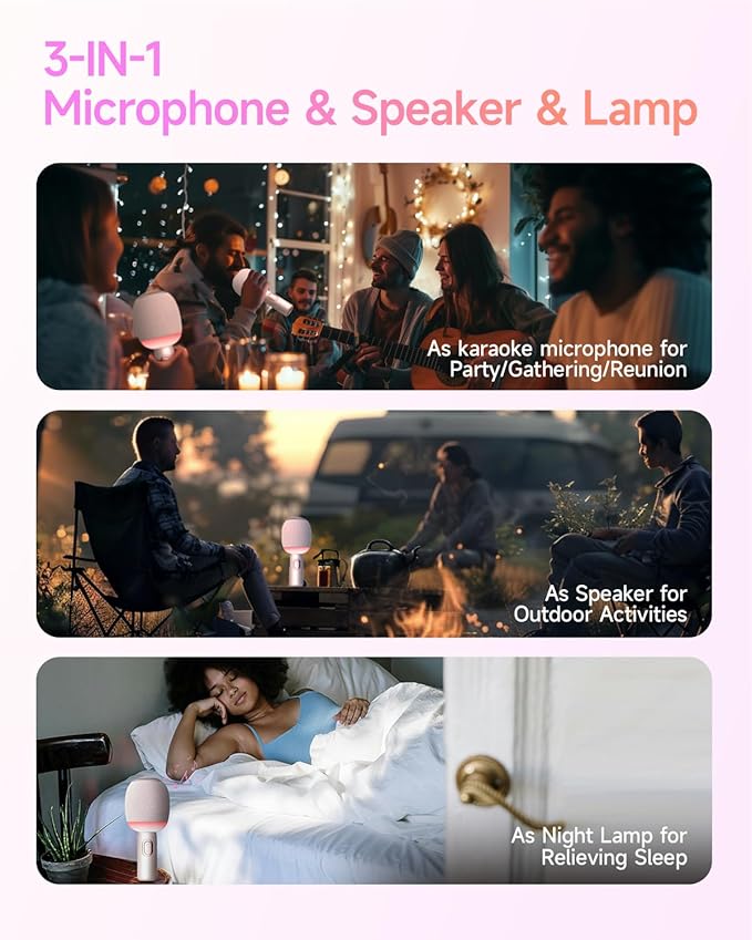 Wireless Bluetooth Karaoke Microphone, 5-in-1 Portable Handheld Mic Speaker with Dynamic Lights, Karaoke Microfono for Car Travel Home Party, Music Record, Duet Singing Gifts for Adults Kids (Pink)
