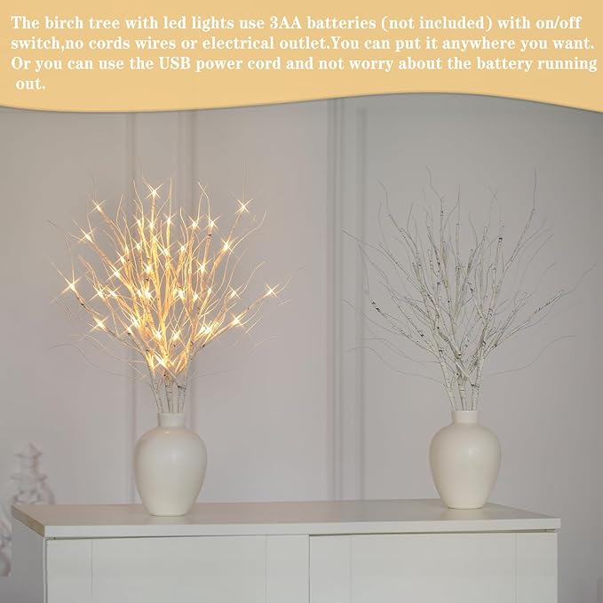 Lighted Artificial Birch Branch Tree Fairy Lights Holiday Decor,3PK 19.7in 48 LED;USB Powered,Warm White Branch with Lights for Christmas Holiday Wedding Party Decoration,Timer