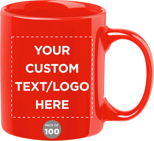 Custom Ceramic Coffee Mugs 11 oz. Set of 100, Personalized Bulk Pack - Coffee cup set, Iced coffee cup, Gaming mug - Red