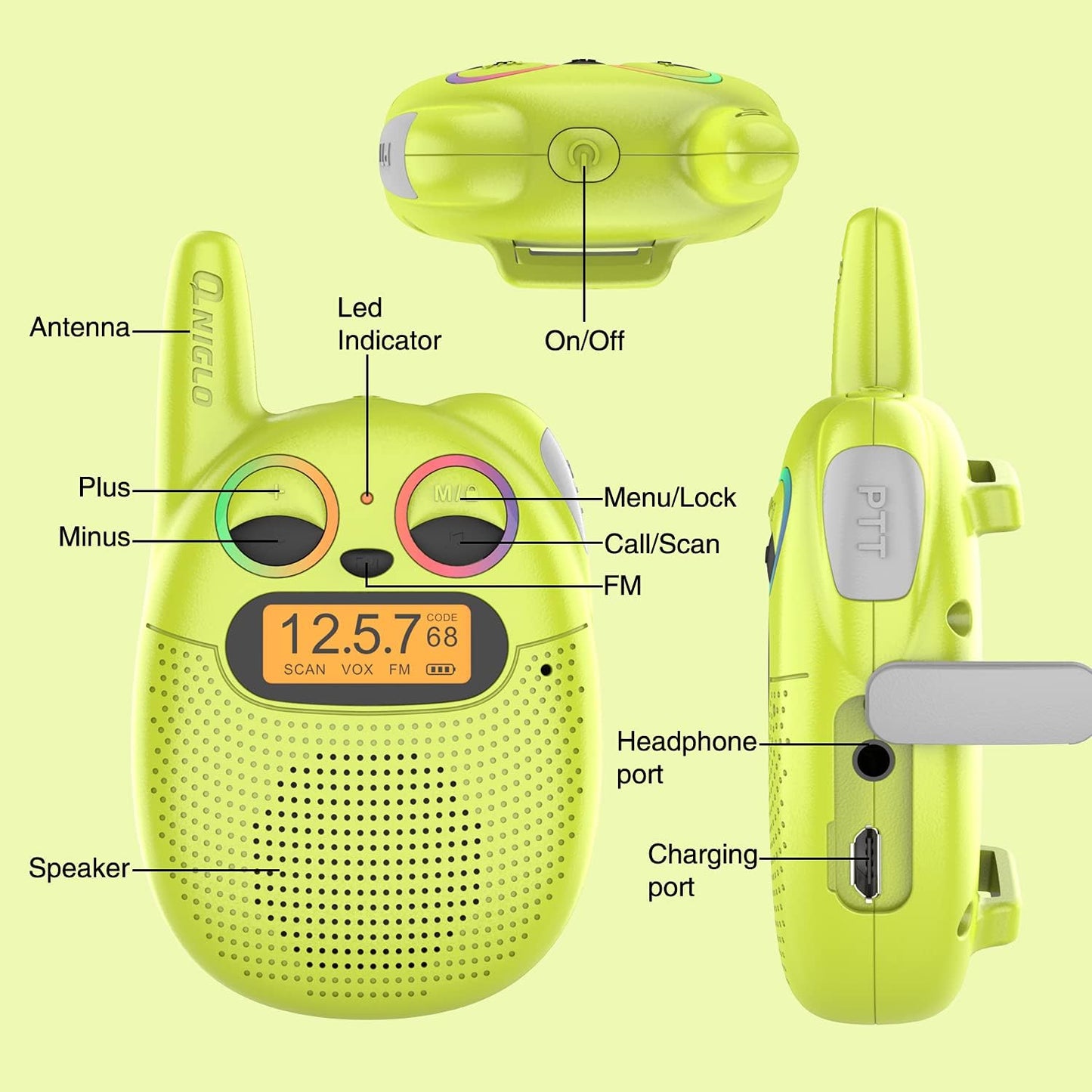 Qniglo Walkie Talkies for Kids Rechargeable 2 Pack,Christmas Birthday Gifts Toys for Age 3-12 Boys Girls, Long Range Kids Walky Talky with FM Radios for Family Adventure Camping Hiking Spy Games