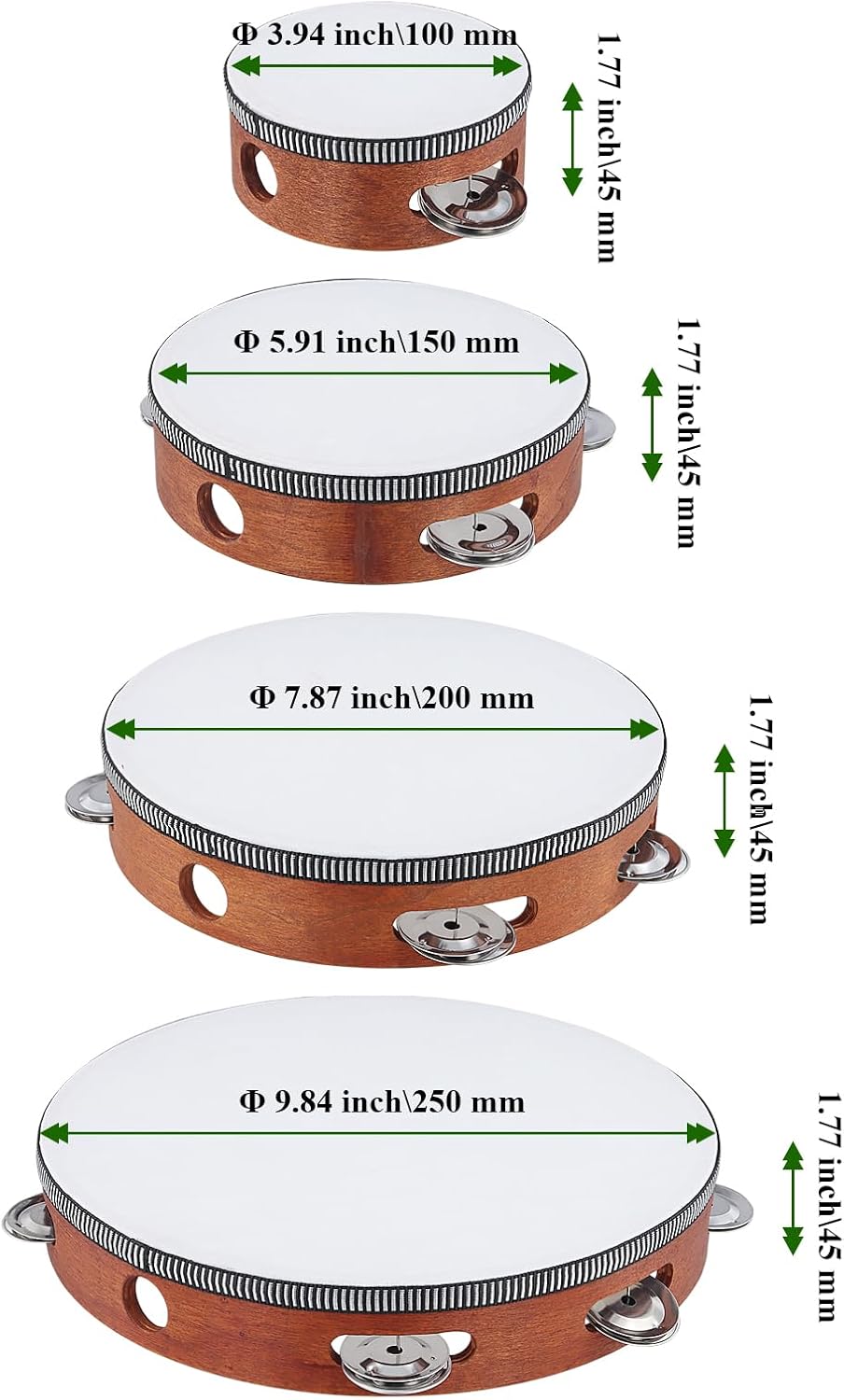 4 PCS 4" 6" 8" 10" Brown Wooden Tambourine, Musical Instrument Tambourine Set, Handheld Drum Bell Metal Jingles Single Row Percussion for Church, KTV, Party, Musical Class