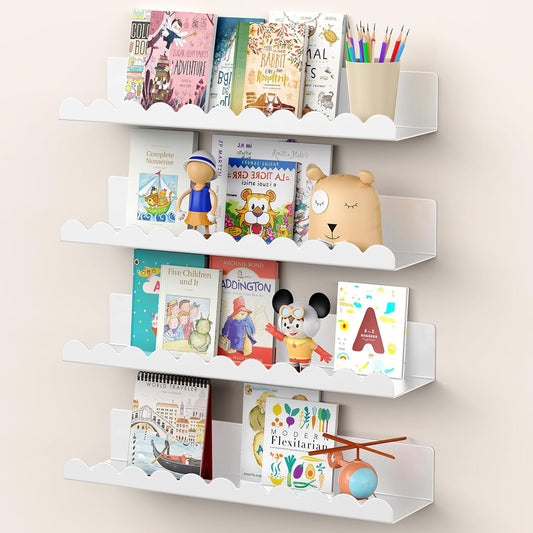 Nursery Book Shelves, 17 Inch White Metal Floating Shelves for Wall 4 Pack, Wall Mounted Book Shelf for Kids Room, Bedroom, Bathroom, Playroom Decor