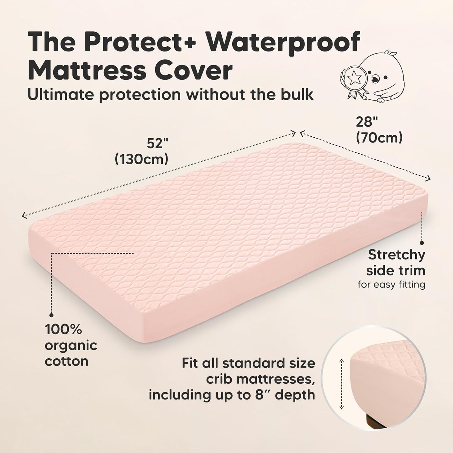 Waterproof Crib Mattress Protector Cover Fitted - 2-Pack Quiet Baby Crib Mattress Pad Sheets, 52" x 28" Soft Quilted Cotton Baby Sheet, Machine Washable, Easy Fit, Durable (Mist Rose/Mavy)