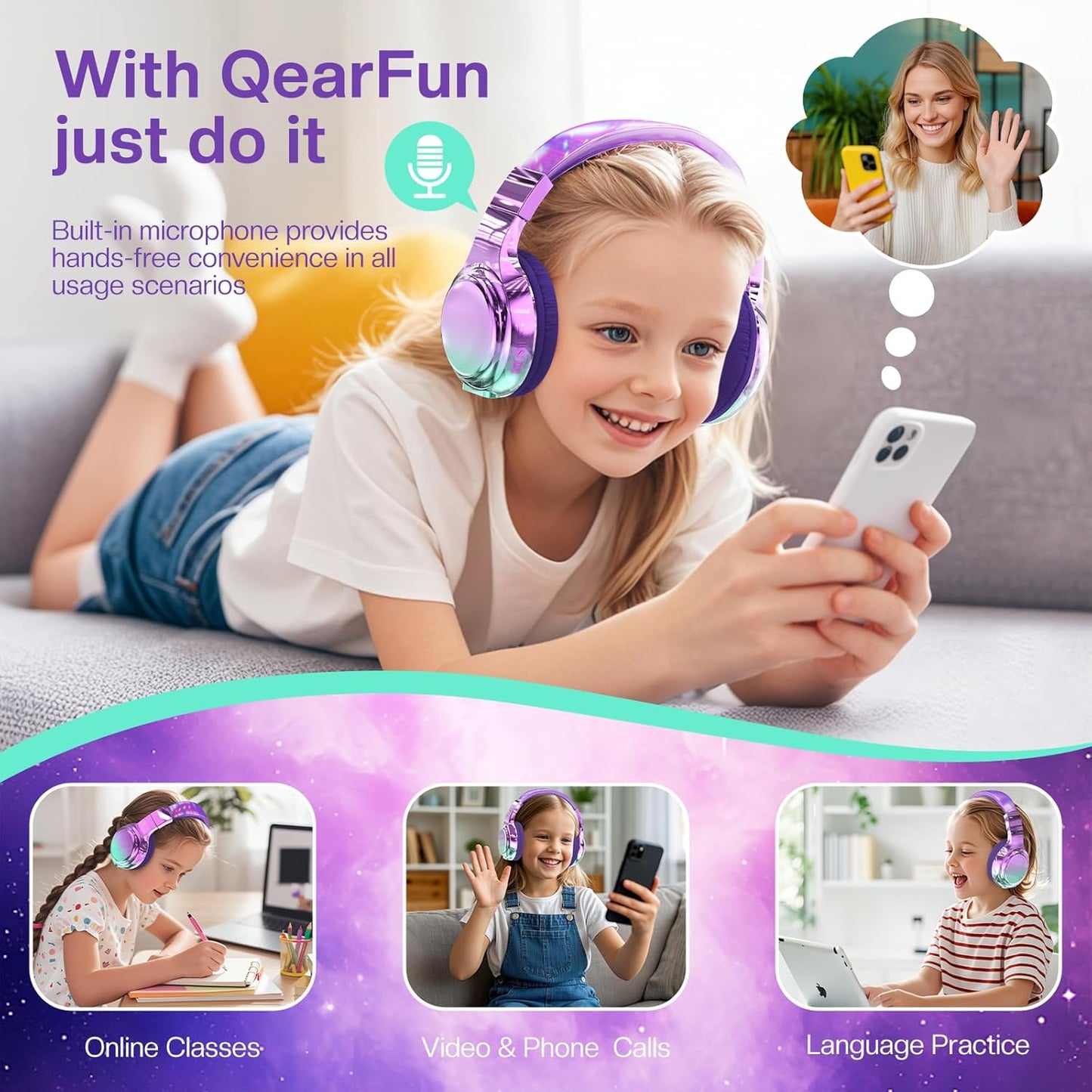 QearFun Kids Bluetooth 5.3 Headphones, Wireless Metallic Gradient Headset, Lightweight Foldable On Ear Headphones with Aux Cord, Fast Charging, Built-in Mic, for School/Travel/Tablet/iPad
