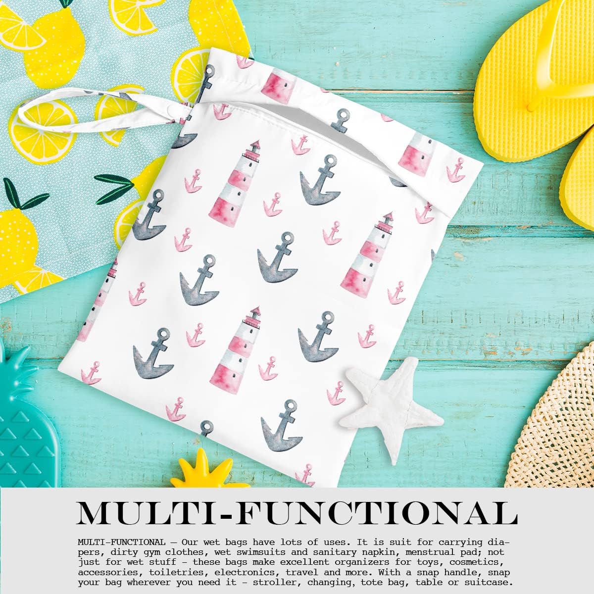 Wet Bag, Wet Dry Bag, Wet Bag for Swimsuit, Travel, Beach, Pool, Diapers, Dirty Yoga Gym Clothes, Makeup Bag, Waterproof Reusable Beach Bag Ocean Decor Starfish Sea Horse Anchor