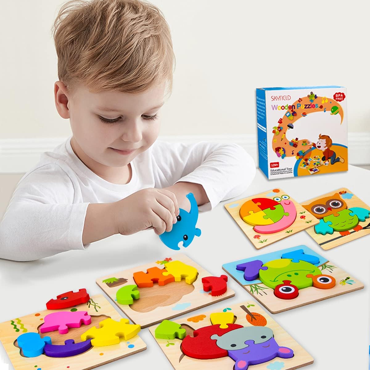 SKYFIELD Wooden Animal Puzzles for 1 2 3 Years Old Boys Girls, Toddler Educational Developmental Toys Gift with 6 Animals Baby Montessori Color Shapes Learning Puzzles