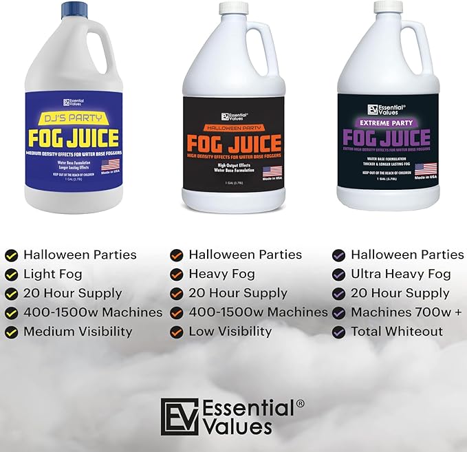 Essential Values Fog Machine Fluid - Extreme High Density Fog Juice (128 FL OZ / 1 Gallon) – White-Out Conditions for Water Based Foggers Designed for 700 Watts+ - Manufactured in USA