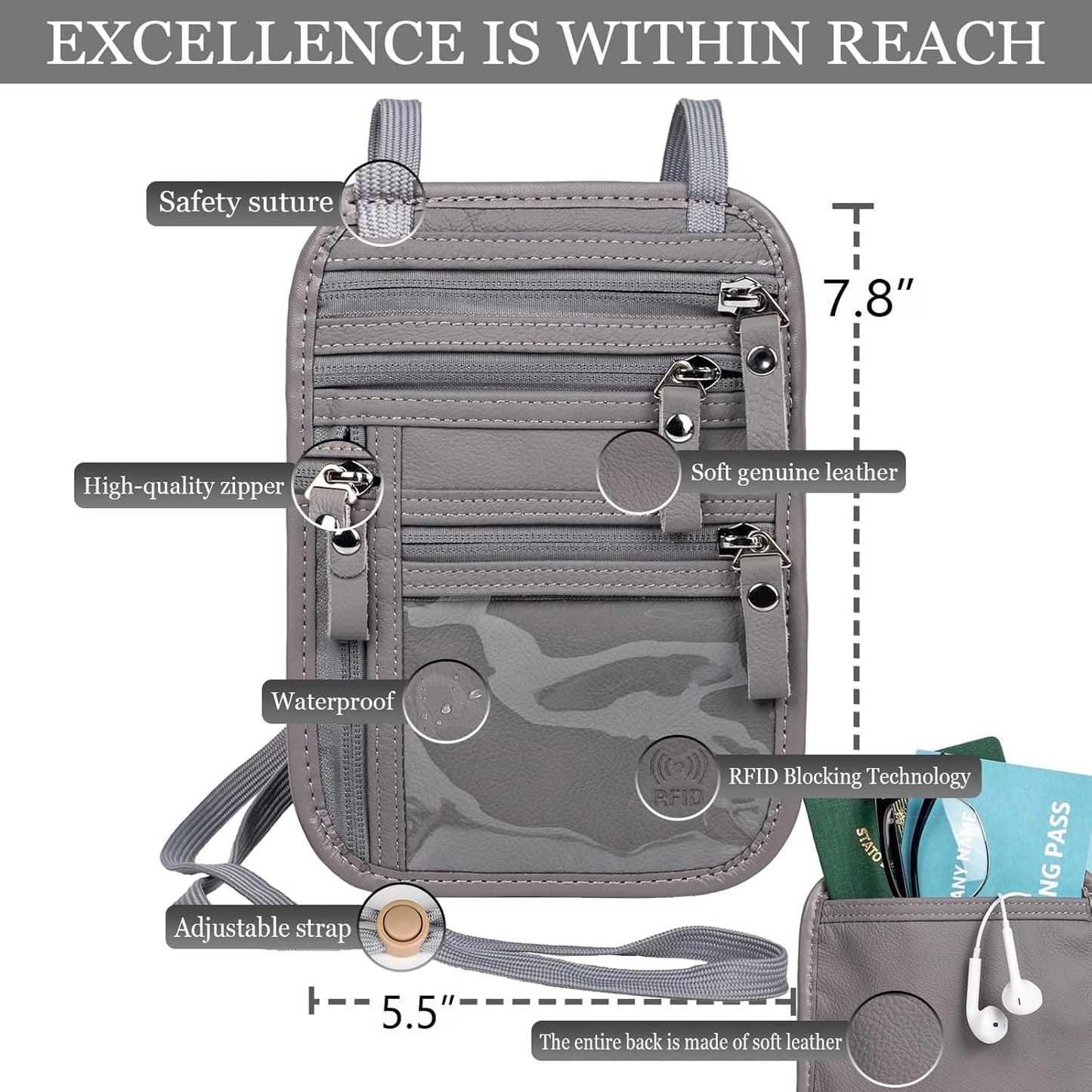 Neck Wallet - Rfid Wallet Women - passport holder for travel - Travel Wallet Passport Holder For Travel Women - 10.3x6.8inch (Light Gray)