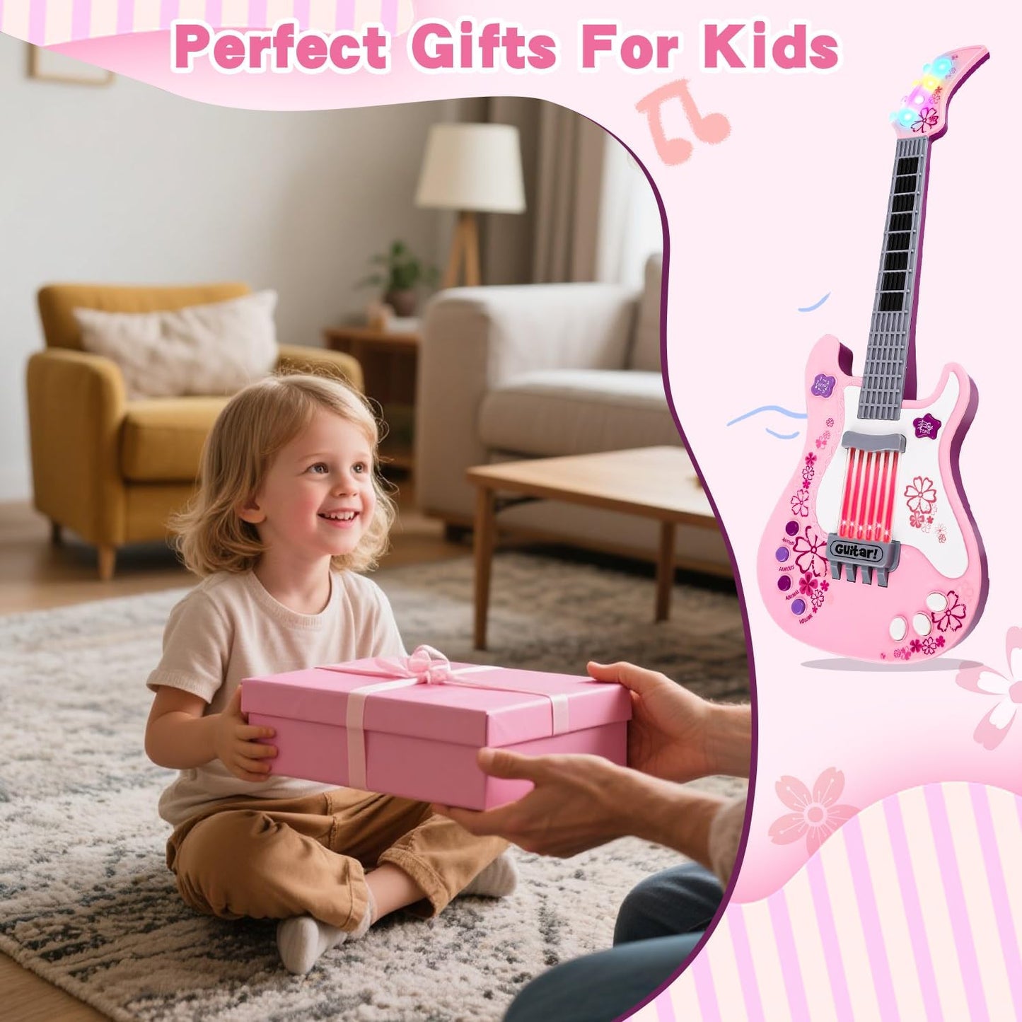 M SANMERSEN Kids Guitar for Girl Music Toy Electric Pink Guitars with Strap for Kid Toddler Musical Instrument Toys for 3 4 5 Year Old Girls Gifts