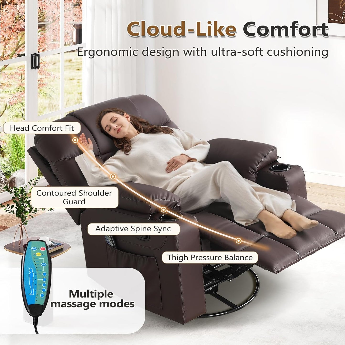 ANJ Swivel Rocker Recliner Chair, Manual PU Leather, 360° Swivel with Massage & Heat for Living Room, Brown