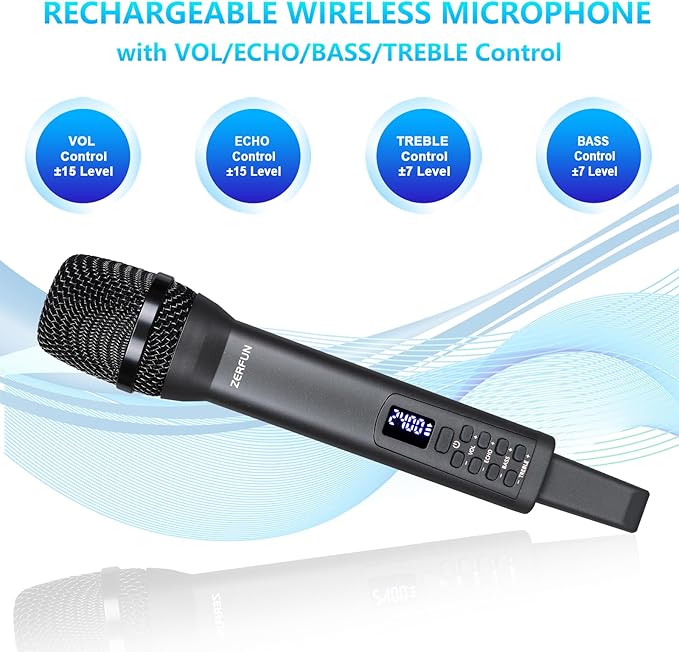 Rechargeable Wireless Microphone, Pro Handheld Cordless Mics System Dynamic with Echo Treble BASS VOL Control for Karaoke Singing Church Party, 1/4'' Output, D240, Grey