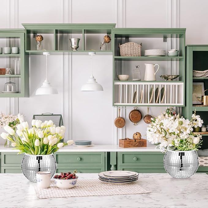 Jinei 24 Pcs Disco Vases Bulk Silver Mirror Disco Ball Flower Glass Ball Planter Candle Holder Glass Vase for Wedding Table Centerpieces Bedroom Office Birthday Decoration (3" X 4")