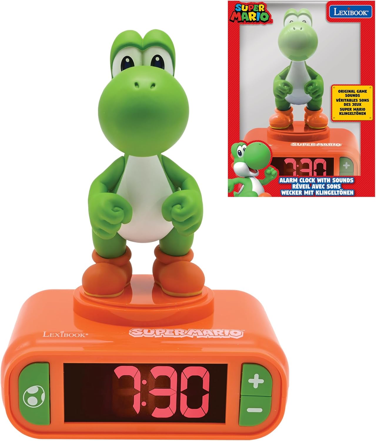 LEXiBOOK, Super Mario, Yoshi Nightlight Alarm Clock, Sounds and Melodies, LCD Backlit Screen, Luminous, Snooze, Red/Green, RL800NI1