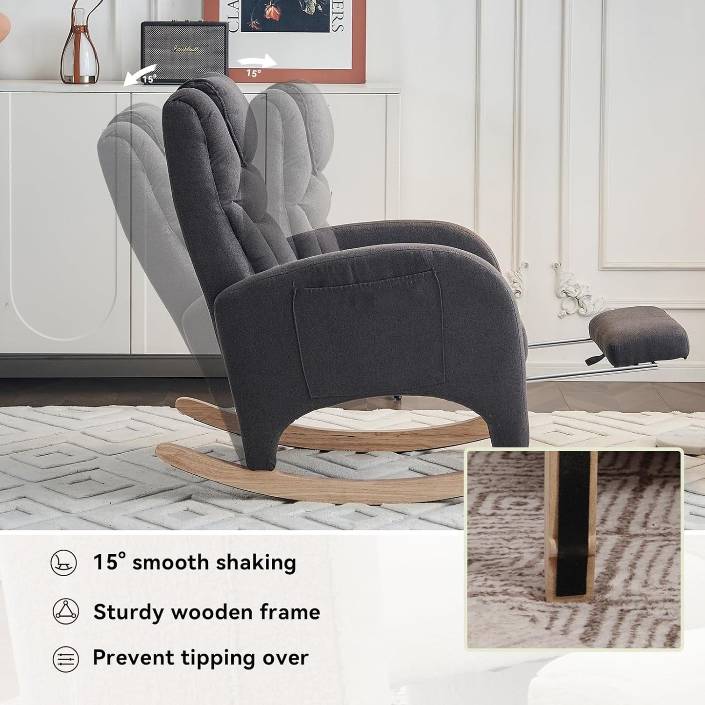 Rocking Chair Nursery, Modern Glider Chair with Adjustable Footrest and Solid Wood Legs, High Backrest Nursery Chair with Side Pocket, Rocker Armchair for Living Room Bedroom, Cotton Linen Dark Gray