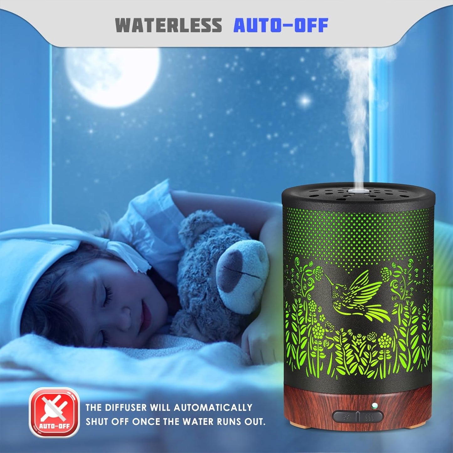 Metal Essential Oils Diffuser 150ML Aromatherapy Diffuser Cool Mist Humidifier with 7 Colors Lights Waterless Auto Off Air Diffusers as Gifts for Moms Women Girls (D-Hummingbird)