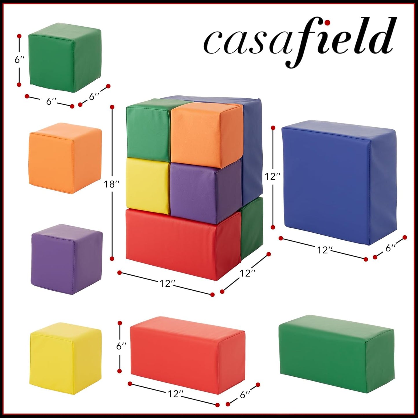 Casafield Large Toddler Foam Building Blocks (7-Piece Set), Soft Play Kids Stacking Cubes, Assorted Colors and Sizes for Daycare, Nursery, Preschool