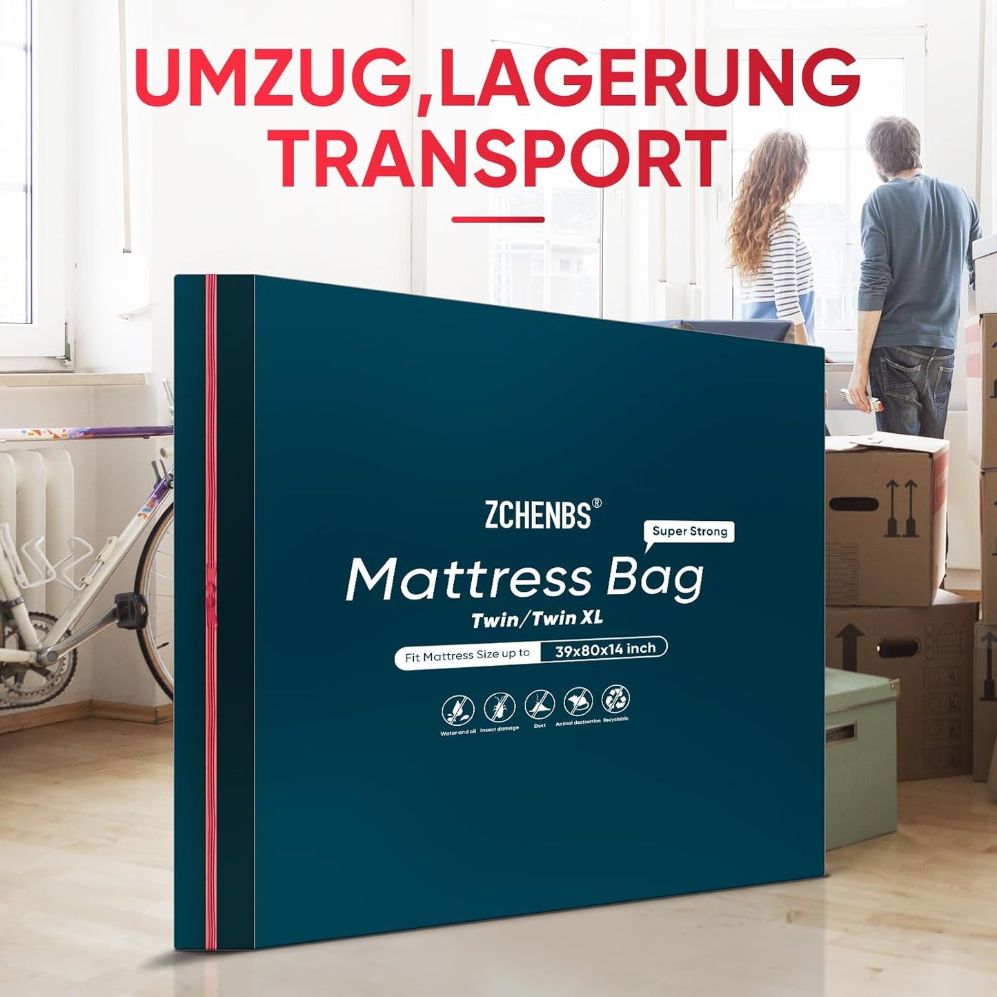 ZCHENBS® – Mattress Bags for Moving and Storage,Mattress Bag with Zippers,5 Mil Ultra-Thick Bed Bag,Waterproof,Anti-Tear,Heavy-Duty Mattress bag (Black, Twin/Twin XL-(1 Pack))