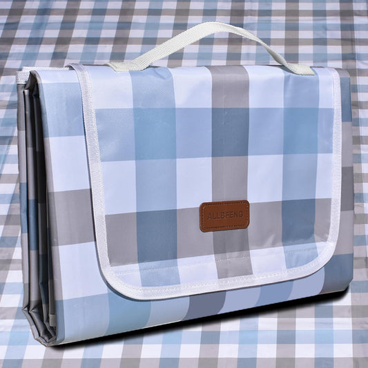 80"x80" Extra Large Waterproof Outdoor Mat - Sandproof Foldable Picnic Blanket for Family Camping, Backyard, Beach Parties - Heavy Duty & Easy Storage (Blue&Gray)