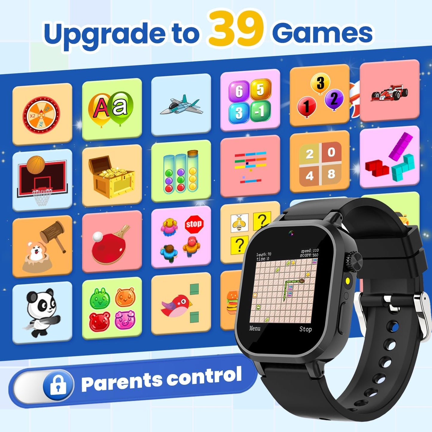 Waterproof Smart Watch for Kids Boys Ages 5-12 with 39 Games, HD Camera, Video, Music, Habit Tracking, Alarm, Pedometer, Kids Smart Watch Chrismars Birthday Gift for Boys Age 5 6 7 8(Black)