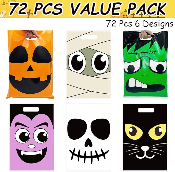 72 Pcs Large Halloween Goodie Bags Candy Treat Bags, Trick or Treat Bag for Halloween Party Favors and Event Party Supplies