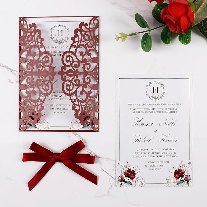 50pcs Burgundy Wedding Invitation Cards Pocket with Envelope Blank Inner Sheets Ribbons laser Cut invitations for Wedding Bridal Shower QuinceañEra Engagement Birthday Invites