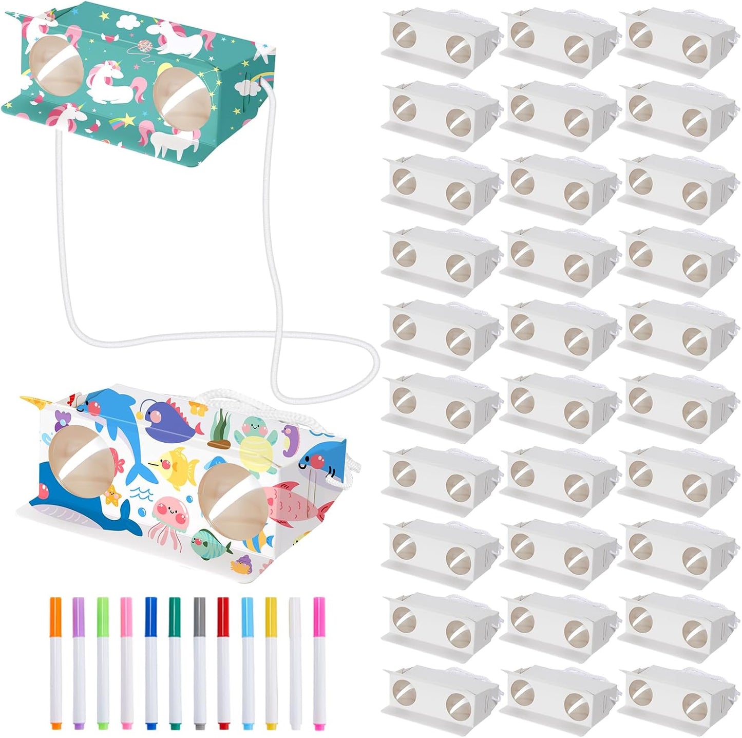 Shappy 30 Pcs Cardboard Folding Binoculars with Coloring Markers Paintable Make Your Own Paper Binocular 3x Magnification DIY Craft Toys for Boys Girls Birthday Party Supplies Class Activity
