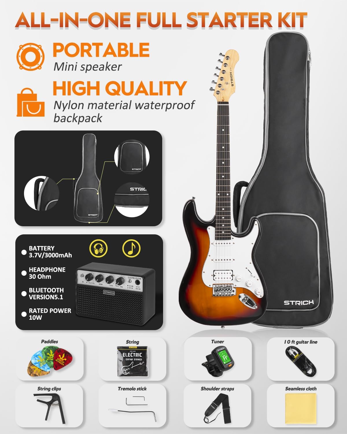 STRICH Electric Guitar Beginner Kit, Solid Body 39" Full Size Electric Guitar HSS Pick Up for Starter, with 10W Amp, Bag, Digital Tuner, Capo, Strap, String,Cable, Picks, SST-S20 Sunburst