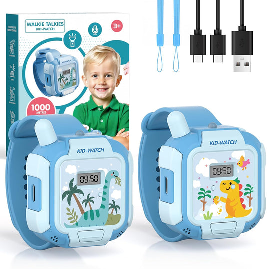 Kids Walkie Talkies Rechargeable 2 Pack, Wearable Wrist & Lanyard Watch with Flashlight, Fun Stickers, Toys Gifts for Boys Girls Age 3-12 for Outdoor Camping, Hiking, Birthday, Christmas (Blue)