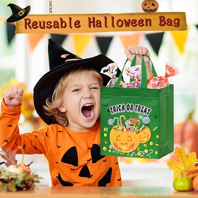 AhfuLife 8 Pcs Halloween Trick or Treat Bags, Candy Tote Bags with Handles, Reusable Non-Woven Gift Bag for Halloween Party Supplies Favors (7.8×7.8×3.1’’)