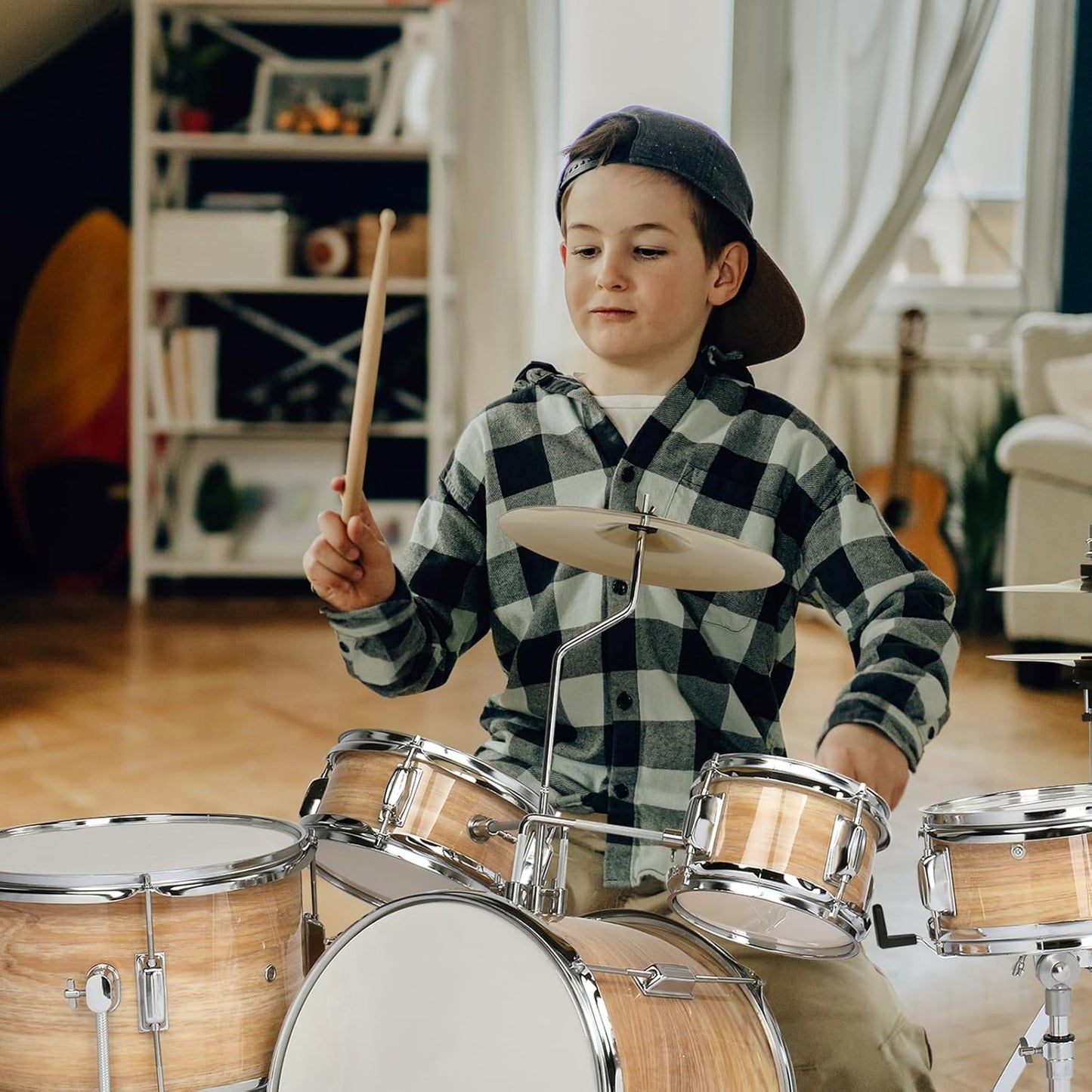 Ktaxon 5-Piece Complete Junior Drums Set, 14 Inch Beginners Drum Kit with Throne Stool, Pedal & Drumsticks, Kids Drums Musical Instruments W/Cymbal, Hi-Hat, Floor, Tom and Snare Drum (Wood Color)