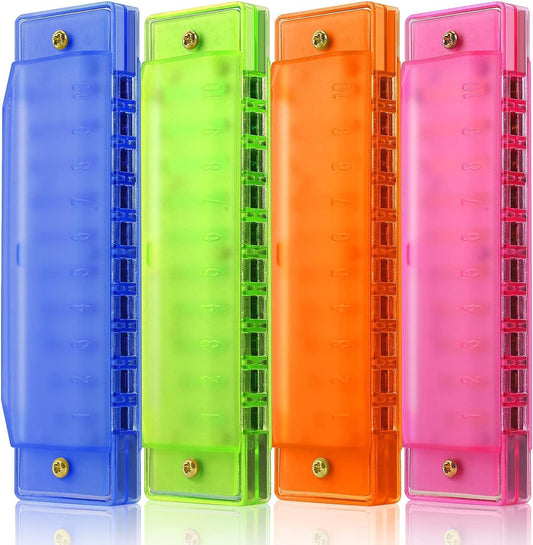 4 Pack Kids Harmonica 10 Hole, Plastic Harmonica for Kids with 4 Colors Educational Toys Beginners Toy Musical Instruments for Kids, Children and Adults (Blue, Pink, Green, Orange)