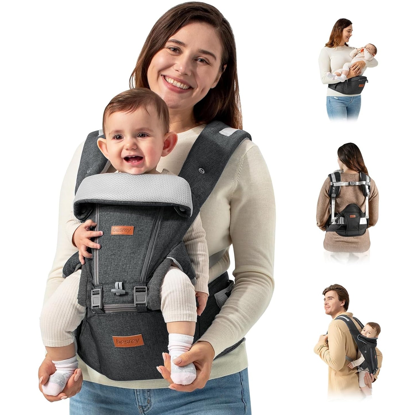 besrey Baby Carrier Hip Seat for Dad, Front Summer Infant Carrier Newborn to Toddler, Plus Men Backpack Holder, Harness for Carrying Infant, Hip Seat with Strap