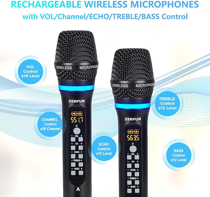 4 Channel Rechargeable Wireless Microphone System, Pro UHF Metal Handheld Wireless Microphones Cordless Mics with Echo Treble BASS VOL Channel Control for Karaoke Singing Church(GT-200)