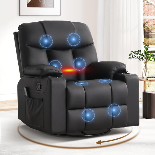 ANJ PU Leather Nursery Recliner Chair, 360° Swivel Rocker with Heat & Massage, 3-Position Manual Reclining for Living Room, Black