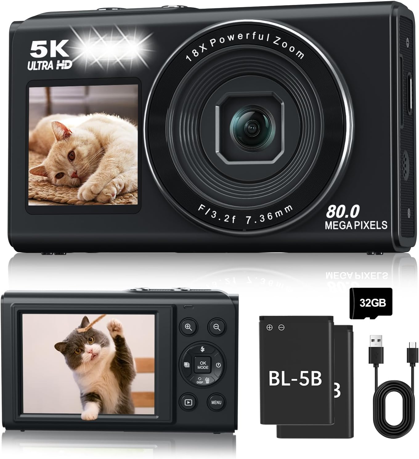 5K Digital Camera, Dual Screens Camera with 18X Digital Zoom, Compact Vlogging Camera for Teens, Beginner-Friendly Gift Pack, 32GB Card & 2 Batteries, Black