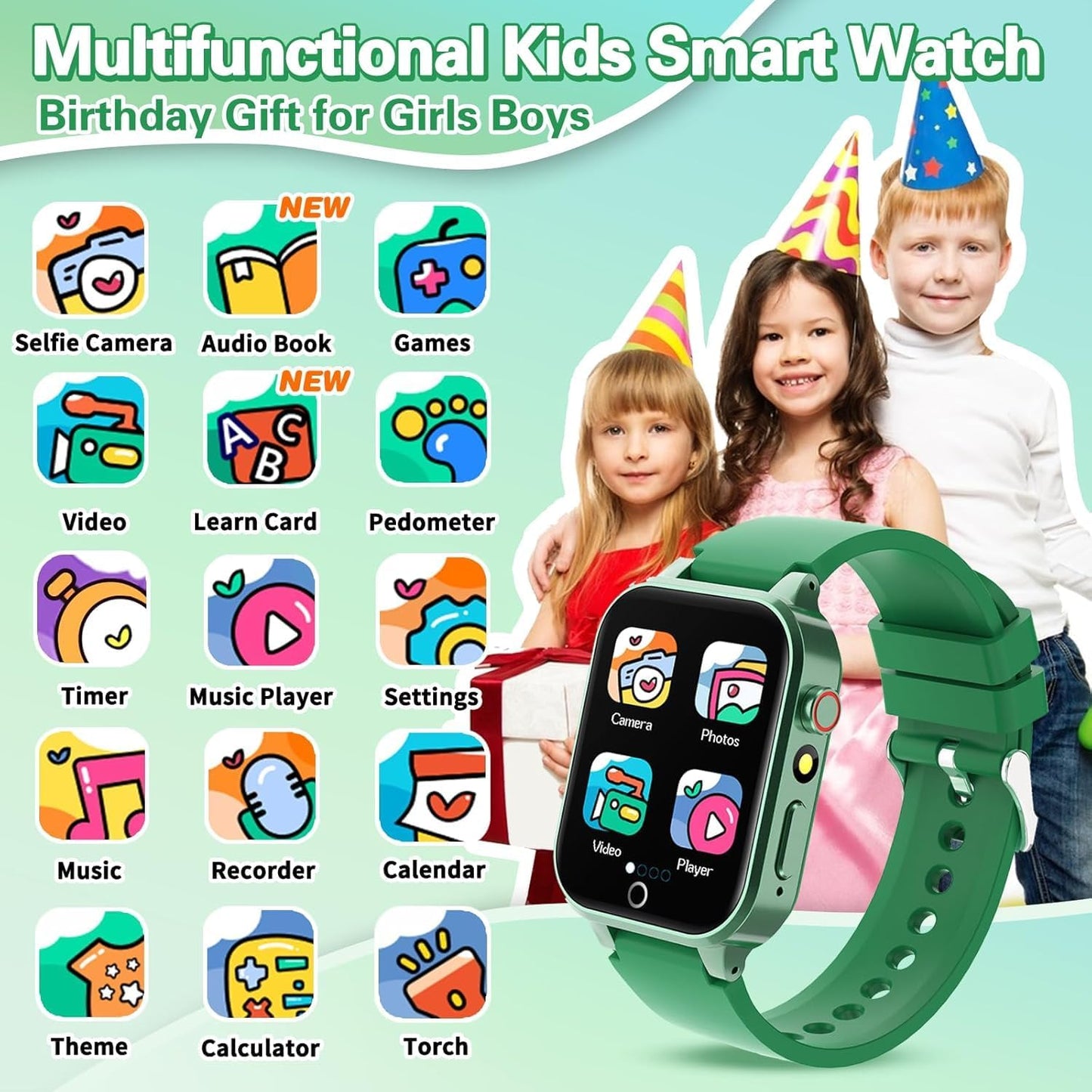 Vakzovy Kids Smart Watch for Boys with 26 Games, HD Touchscreen Camera Music Player Flashlight Pedometer Audiobook, Birthday Gifts Toy for Girls Age 6-12 Kids Smartwatch with Screen Protector Green