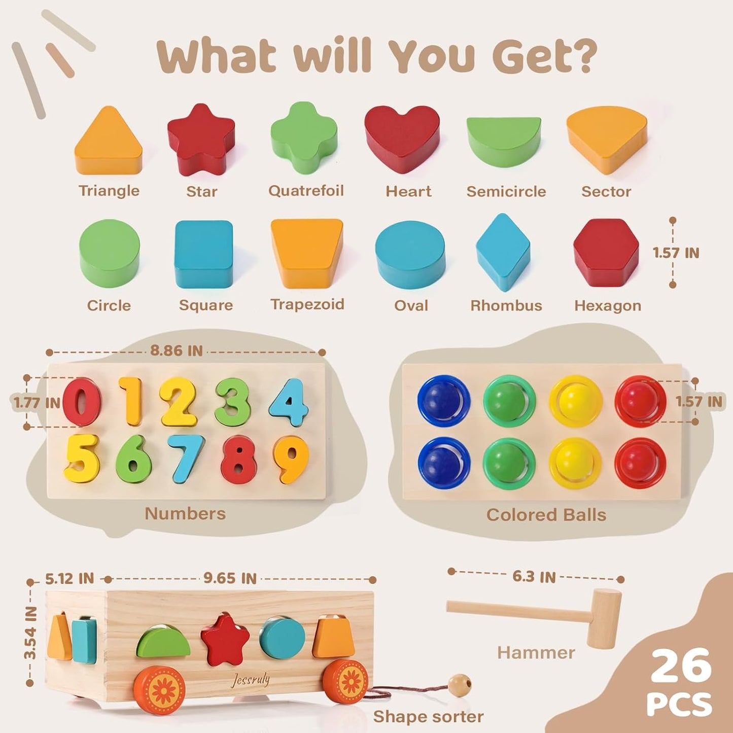 Shape Sorter - Wooden Pound A Ball and Montessori Number Puzzle Set for Babies - Educational Sorting Game with Storage Car for Toddlers