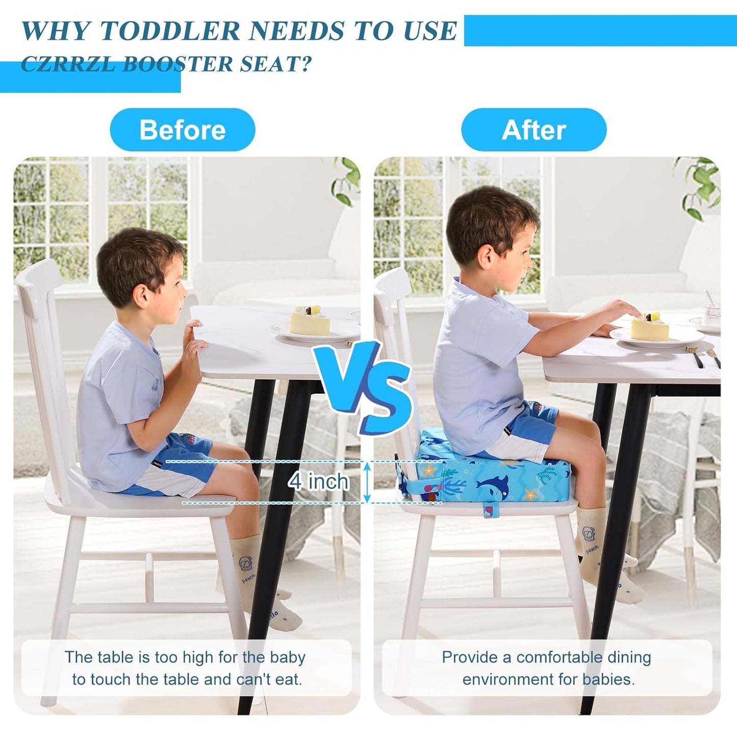 Toddler Booster Seat for Dining Table, Stronger Support Booster Seat for Table Washable 2 Safer Straps Non-Slip Bottom Portable for Kids Baby Increasing Cushion for Travel Home